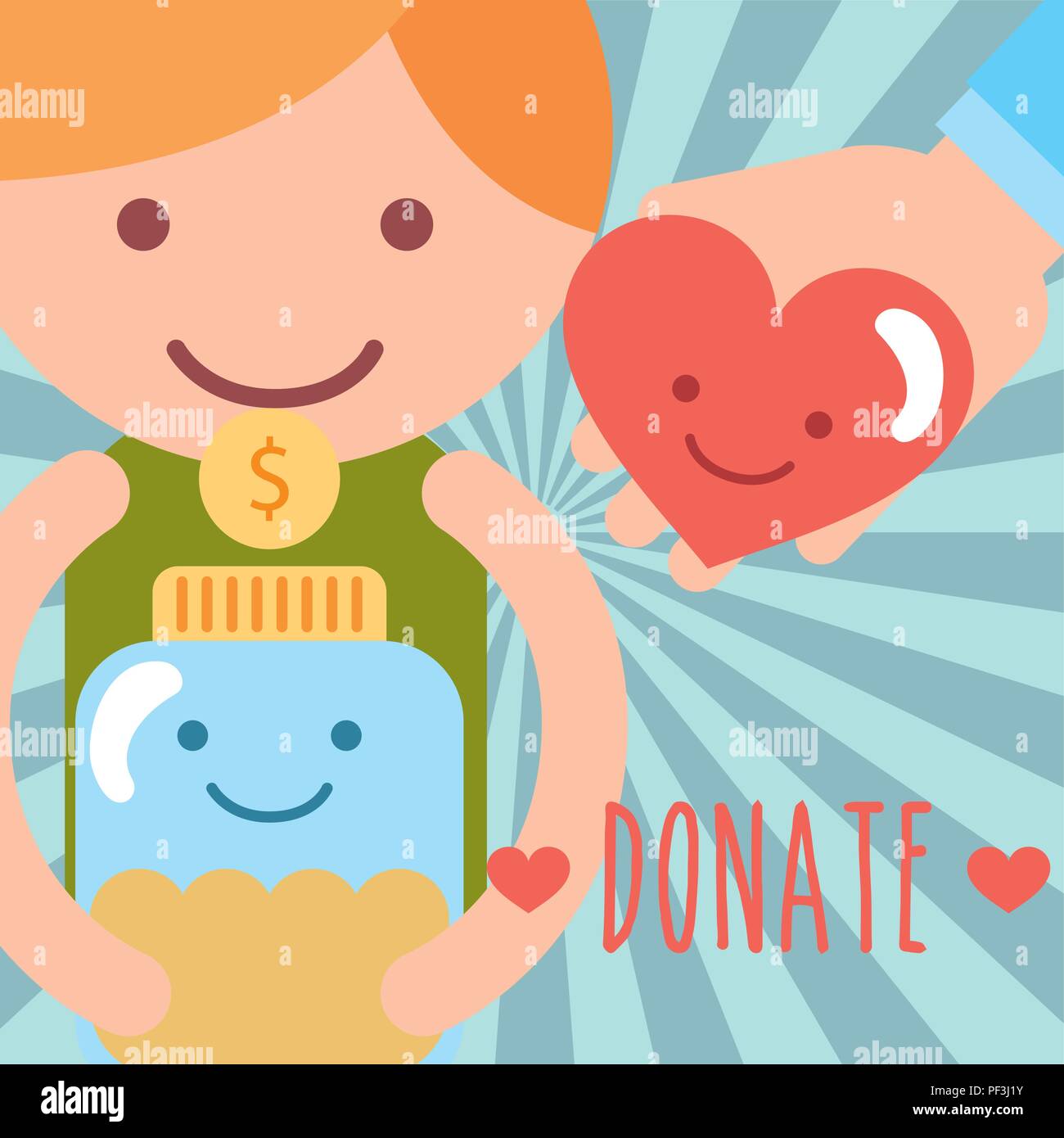 little boy with jar glass coins and heart love donate charity image Stock Vector
