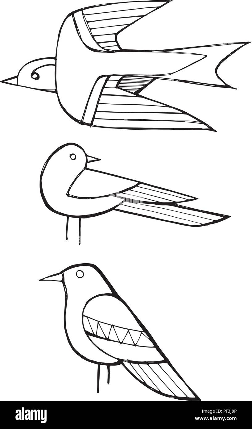 Hand drawn vector ink illustration or drawing of some birds Stock Vector