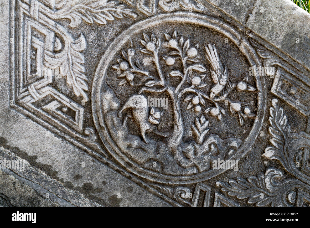 Yangzhou, Jiangsu, China.  Floral Motif Carved in Stone on Stairway Entrance to Graveyard of Puhaddin, 13th-century Muslim Missionary. Stock Photo