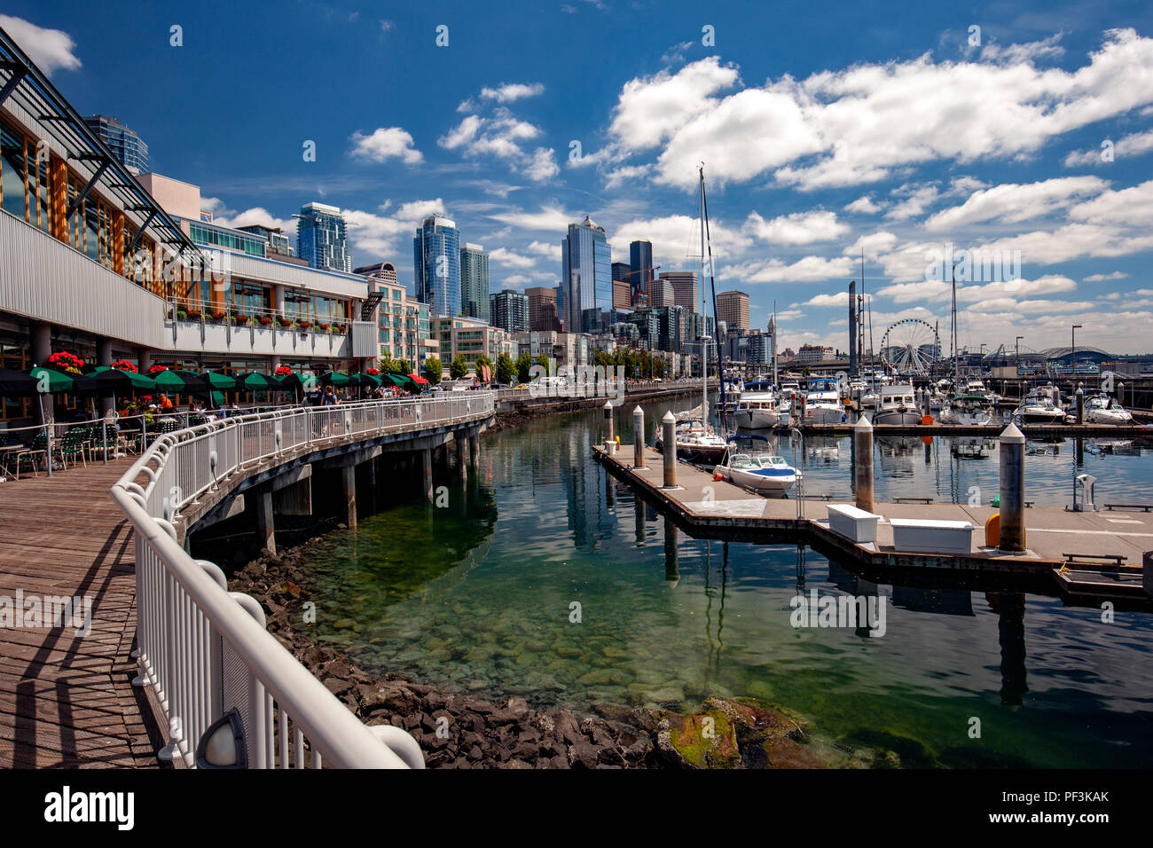 View of Seattle's Waterfront from Bell Street Pier and Conference Center at Pier 66 - Seattle, Washington, USA Stock Photo