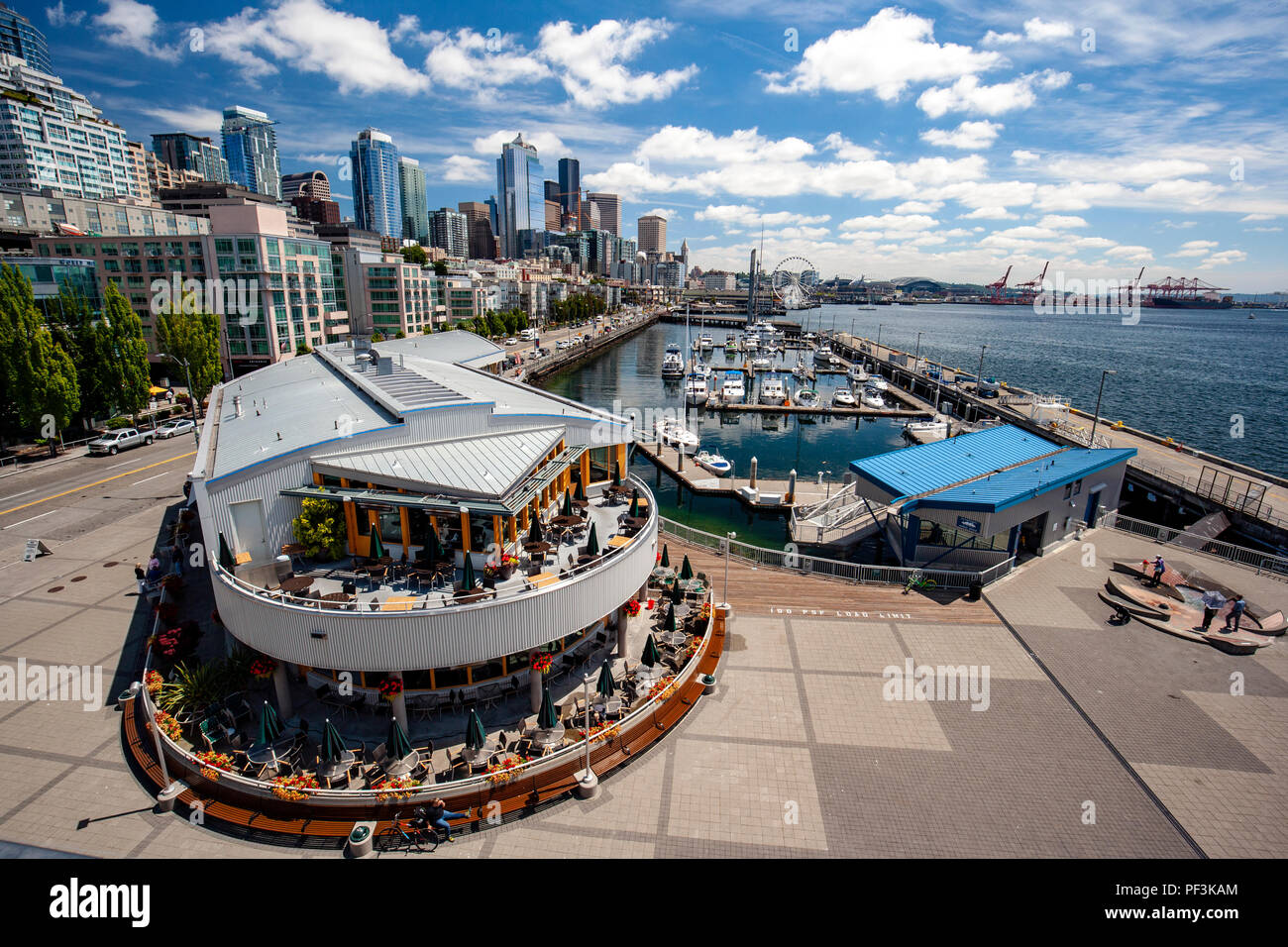 View of Seattle's Waterfront from Bell Street Pier and Conference Center at Pier 66 - Seattle, Washington, USA Stock Photo