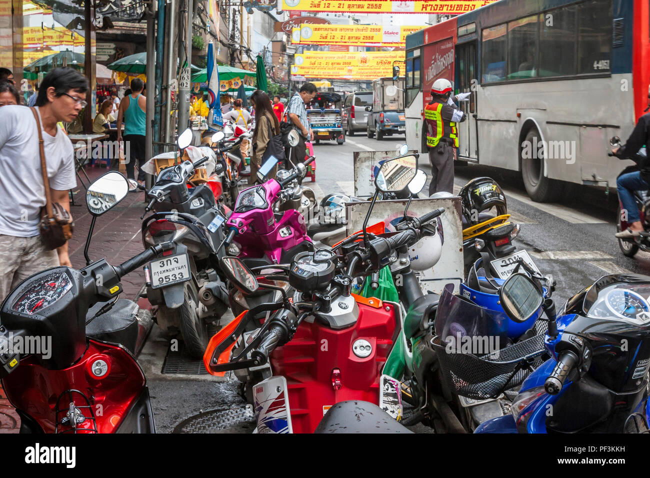 10/19/2015 editorial: Chinatown, Bangkok public motorcycle parking on the city streets. Stock Photo