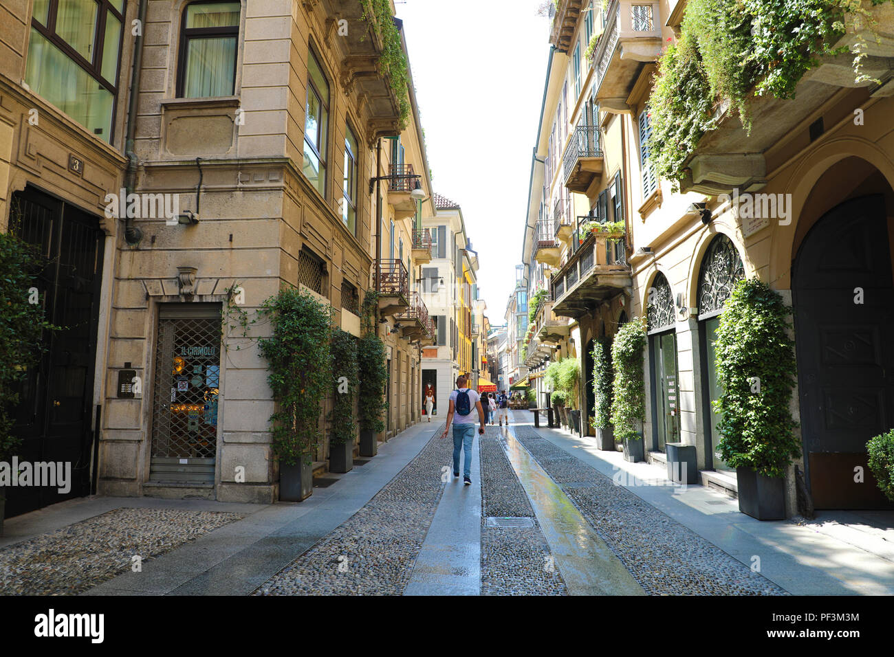 MILAN, ITALY - JULY 30, 2018: typical street in neighborhood Brera in Milan, Italy Stock Photo