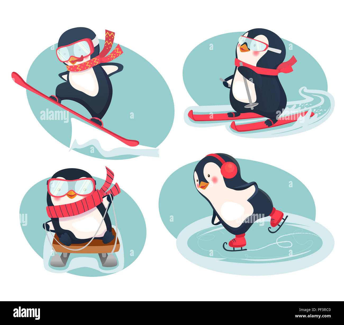 Winter activities cartoon set. Active penguins in winter illustration ...