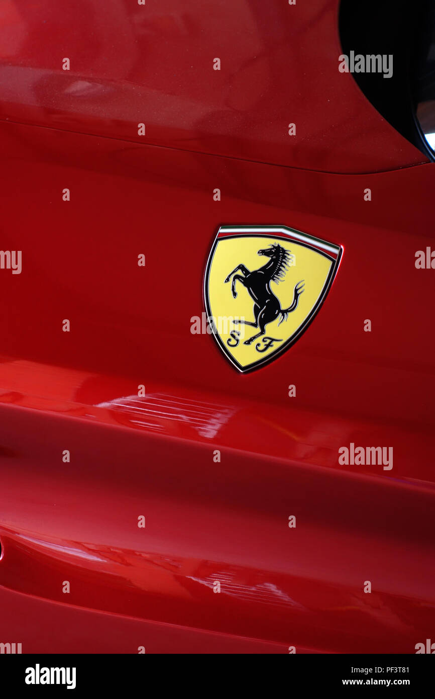 The Ferrari Shield Badge with prancing horse logo on Ferrari California T 2015 car Stock Photo