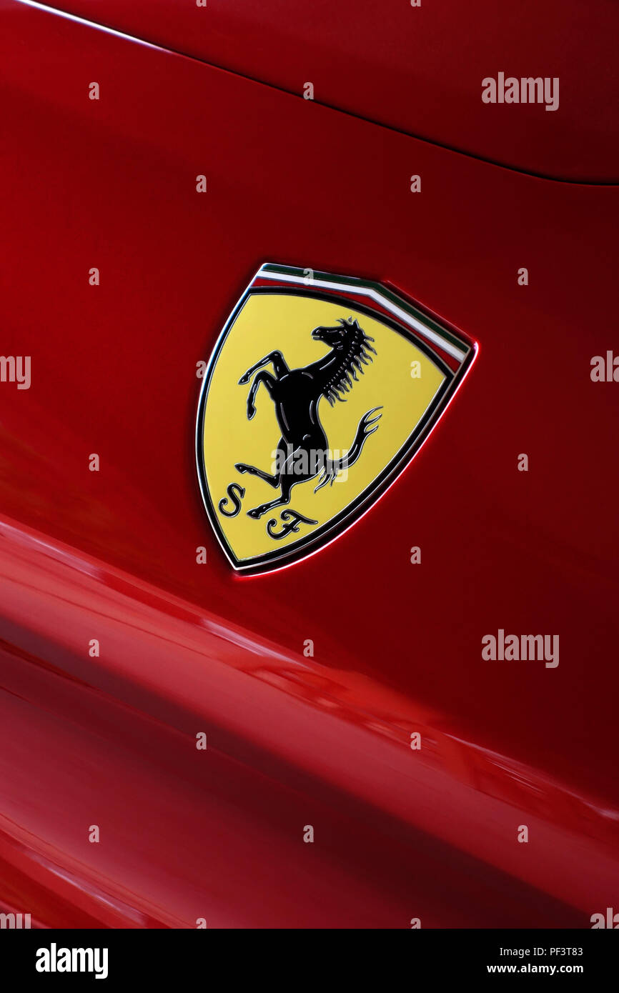 The Ferrari Shield Badge with prancing horse logo on Ferrari California T 2015 car Stock Photo