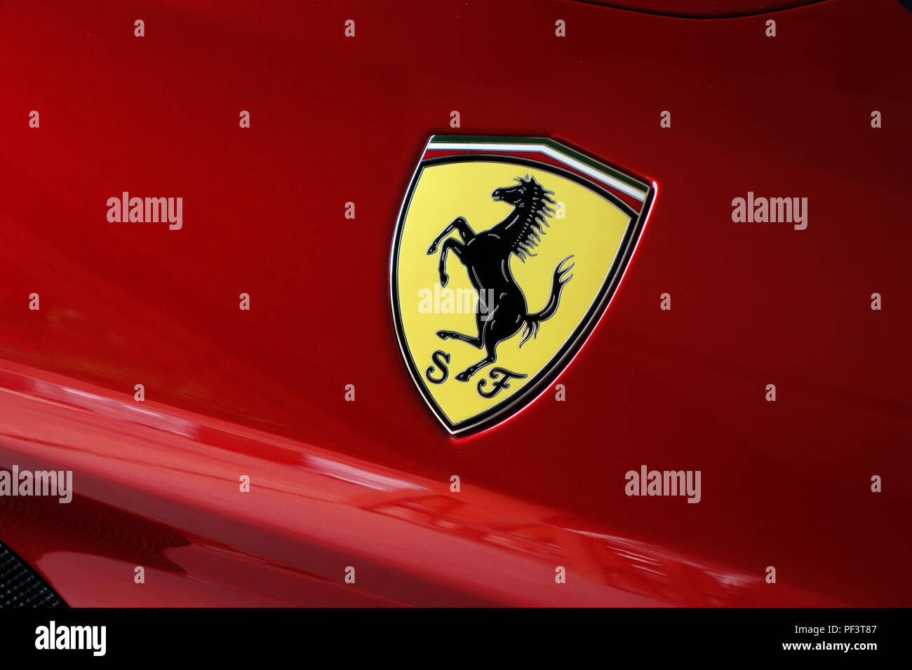 The Ferrari Shield Badge with prancing horse logo on Ferrari California T 2015 car Stock Photo