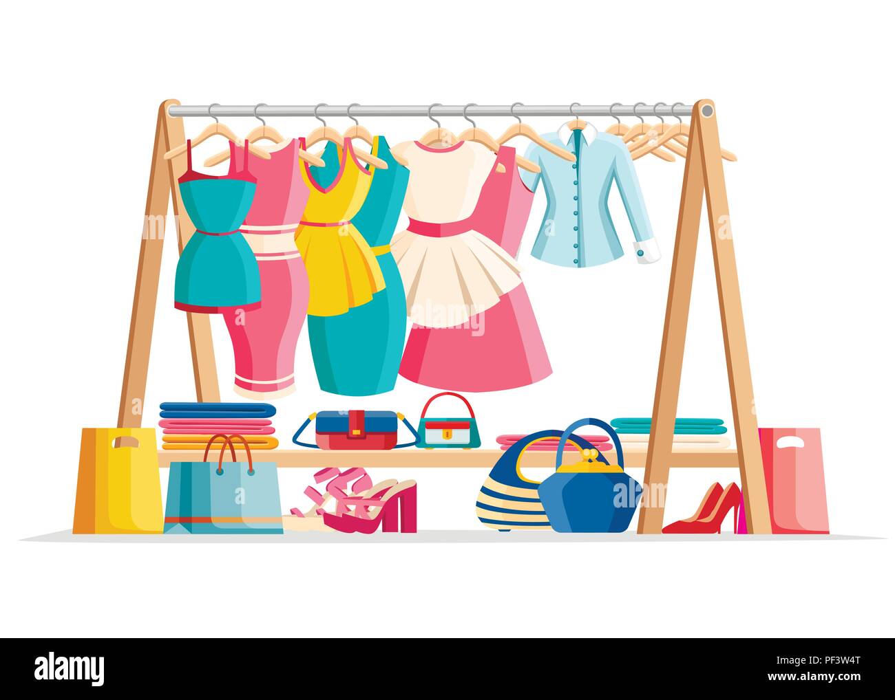 Wooden hanger rack with female clothes and handbags with shoes on floor.  Casual garment. Everyday outfit sale concept. Flat style vector  illustration Stock Vector Image & Art - Alamy