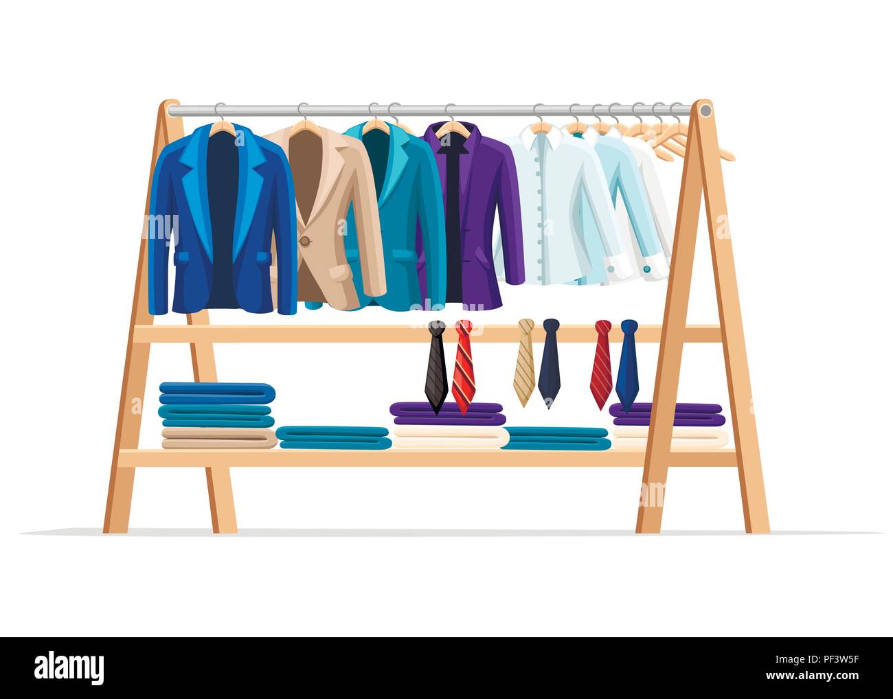 Wooden hanger rack with male classic clothes and necktie. Official style outfit. Flat style vector illustration isolated on white background. Stock Vector