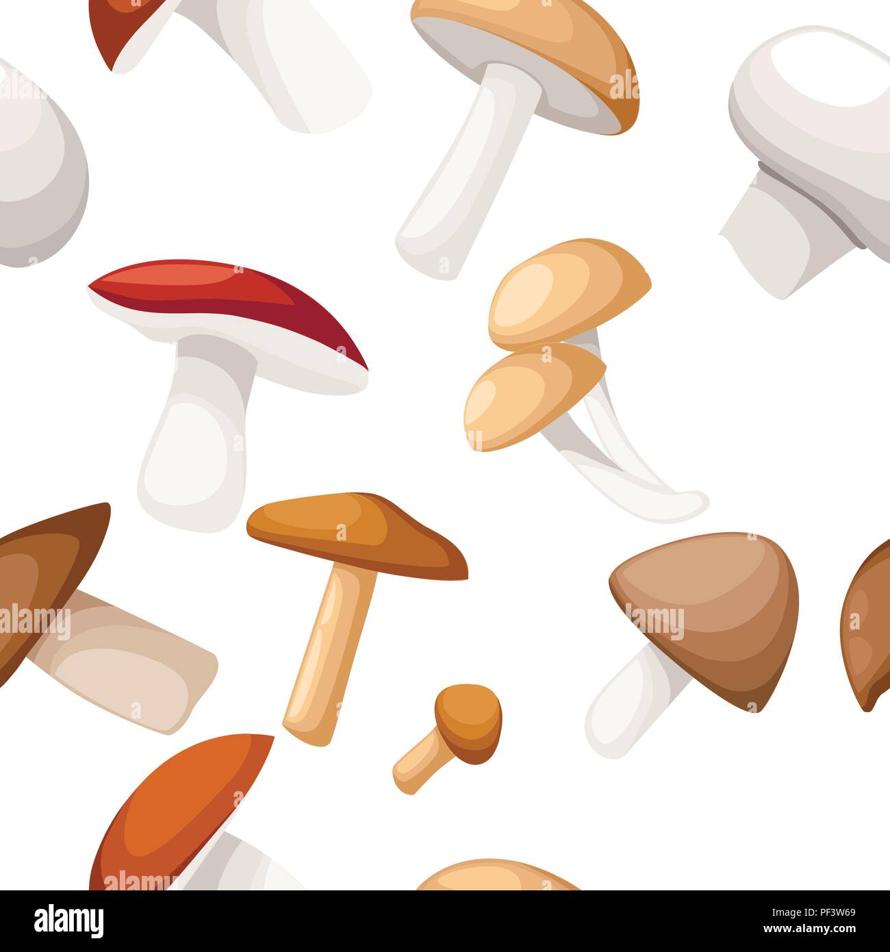 Seamless pattern. Different mushrooms illustration on white background. Vector flat style. Stock Vector