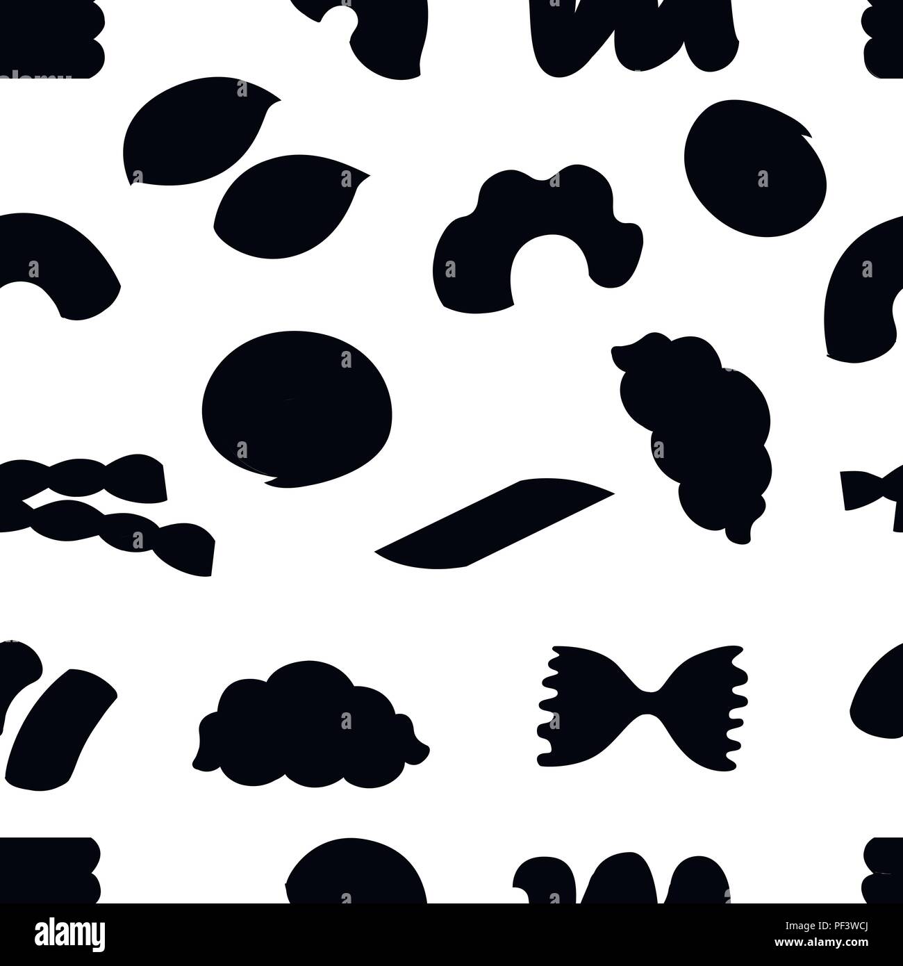 Black silhouette. Seamless pattern. Flat various macaroni. Vector illustration on white background. Stock Vector