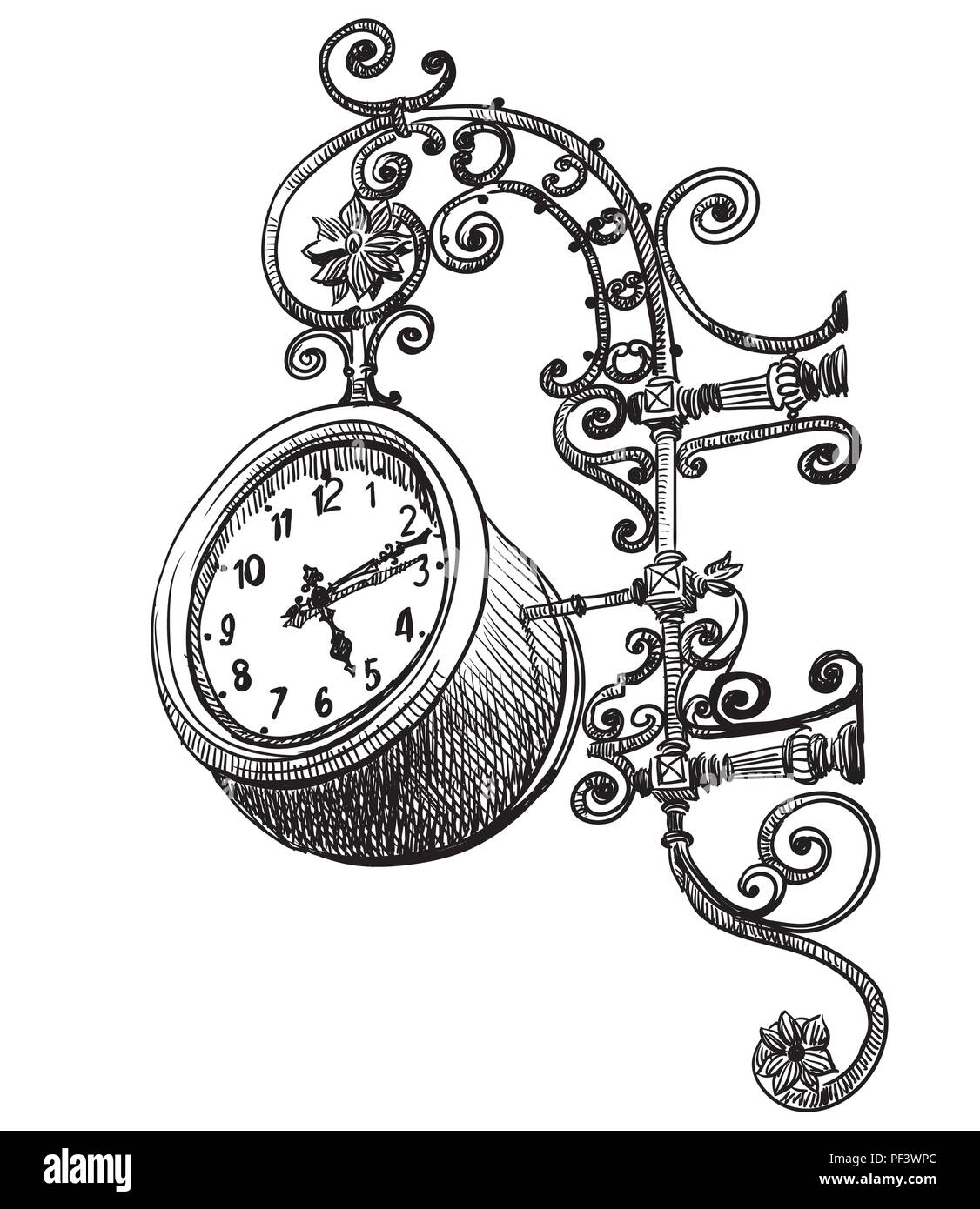 Ancient carving clock, vector hand drawing illustration in black color isolated on white background Stock Vector