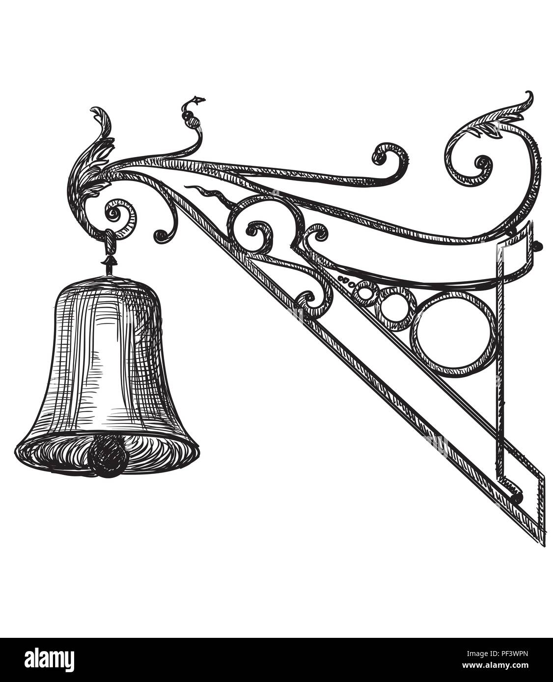Ancient carving street bell, vector hand drawing illustration in black color isolated on white background Stock Vector