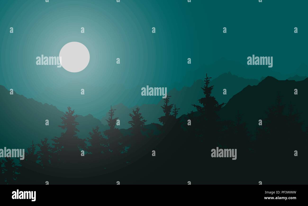 Vector illustration of mountain landscape with coniferous forest and ...