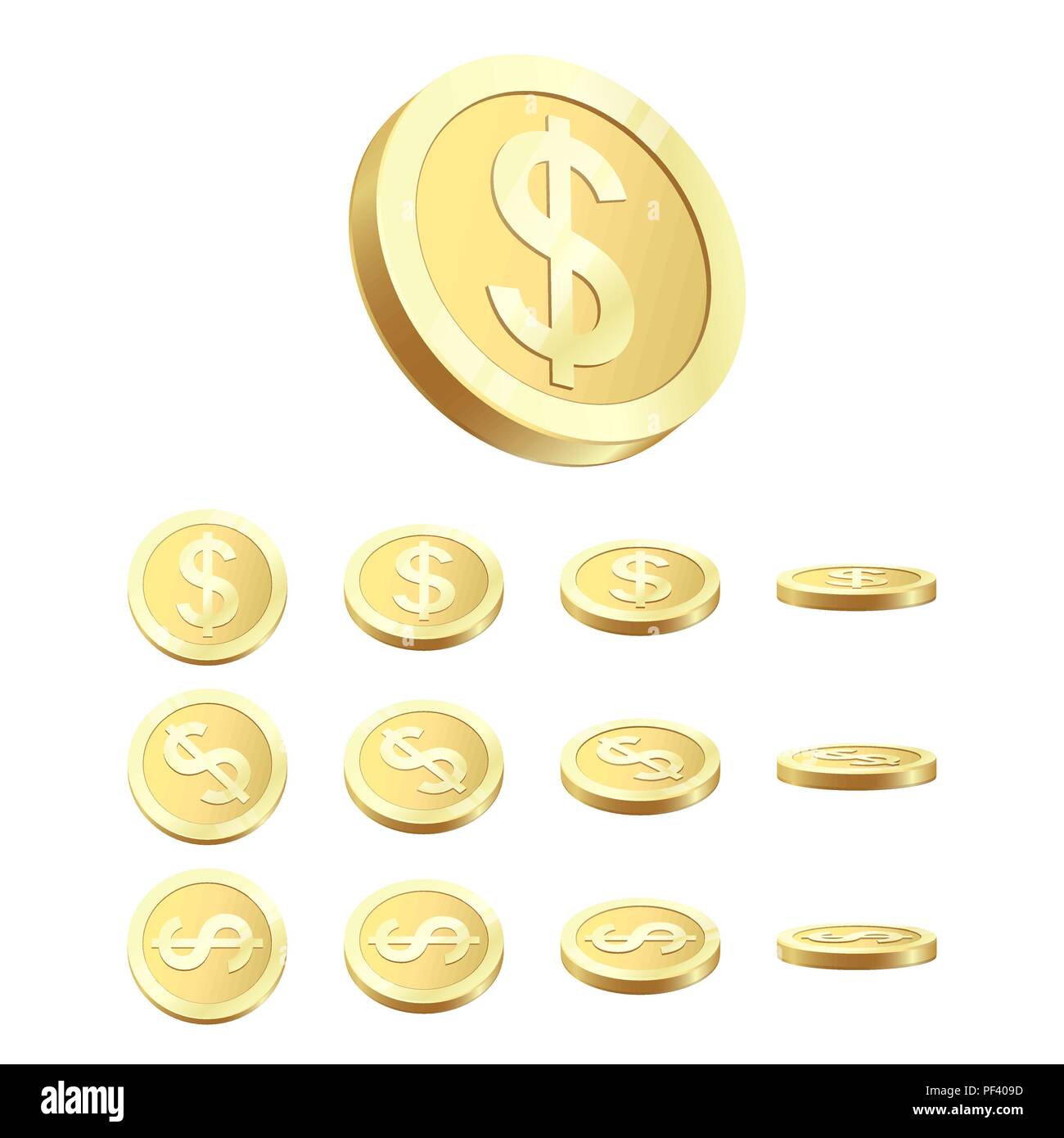 Golden Coin Set. Rotating 3D Golden Coin. Vector illustration isolated on white background Stock Vector