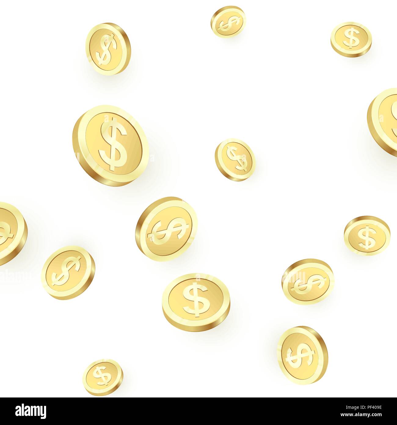 Falling golden coins. Shiny metal dollar rain. Casino jackpot win. Vector illustration  isolated on white background Stock Vector