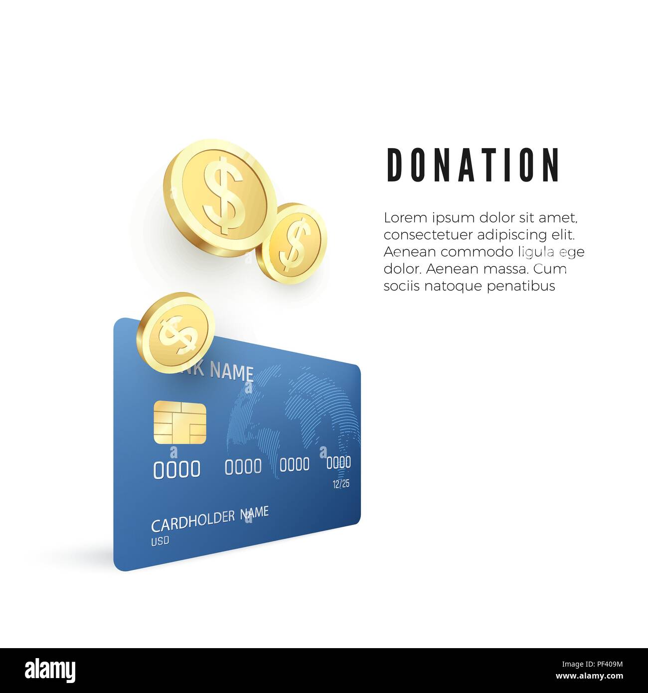 Donation concept. Golden coin collect on credit card. Vector illustration isolated on white background Stock Vector