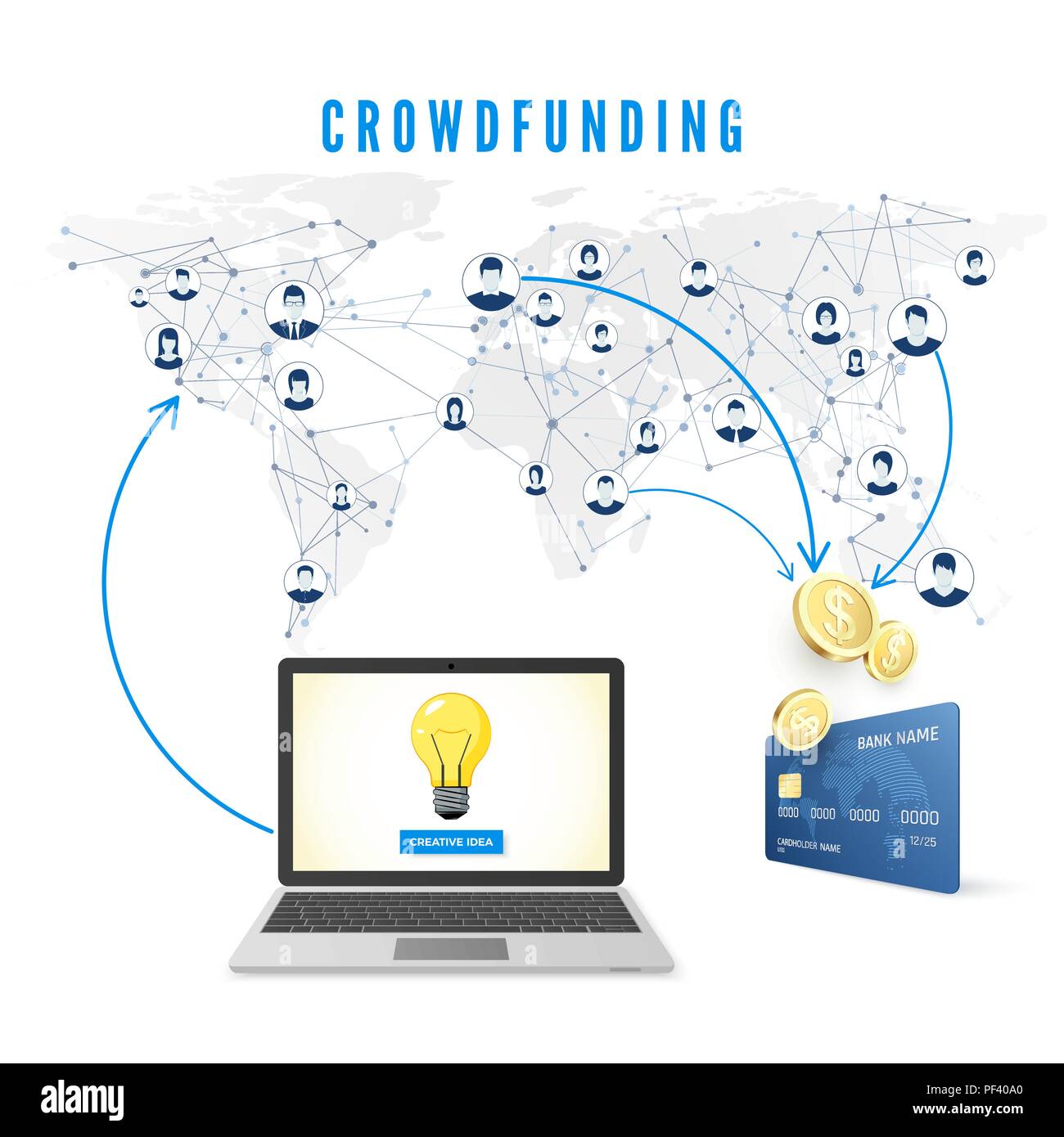 Crowdfunding concept. Idea is share in the network and people donate money for project development. Light bulb on laptop screen idea and coins falling Stock Vector