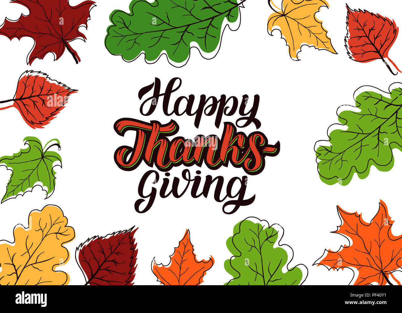 Happy thanksgiving brush hand lettering with sketched colorful autumn ...