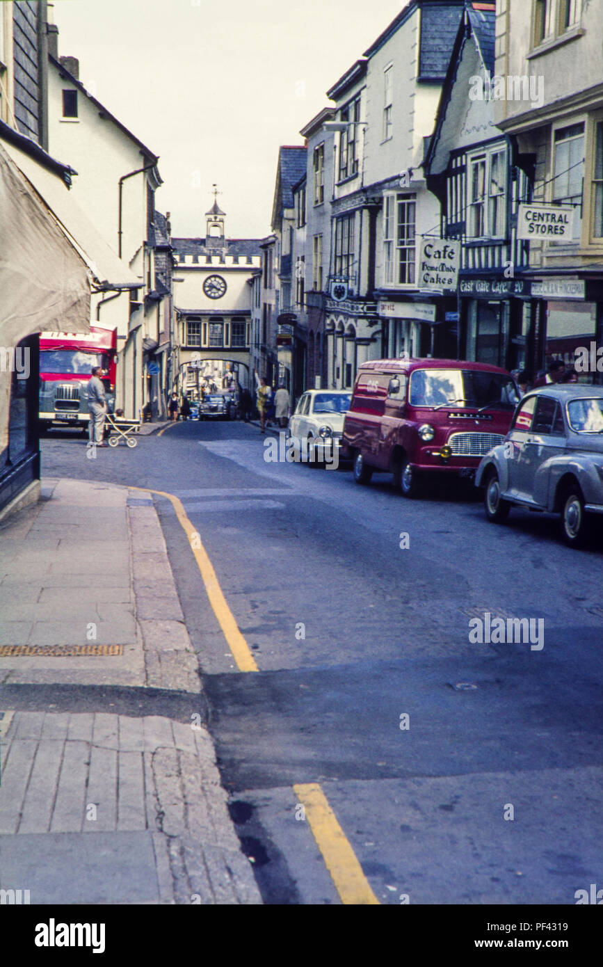 Looking down the High Street at Eastgate Arch, Totnes, Devon in the 1960s Stock Photo