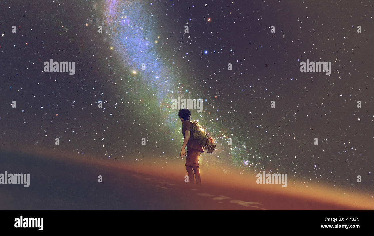young man standing on desert and looking up into the night sky with stars and milky way, digital art style, illustration painting Stock Photo