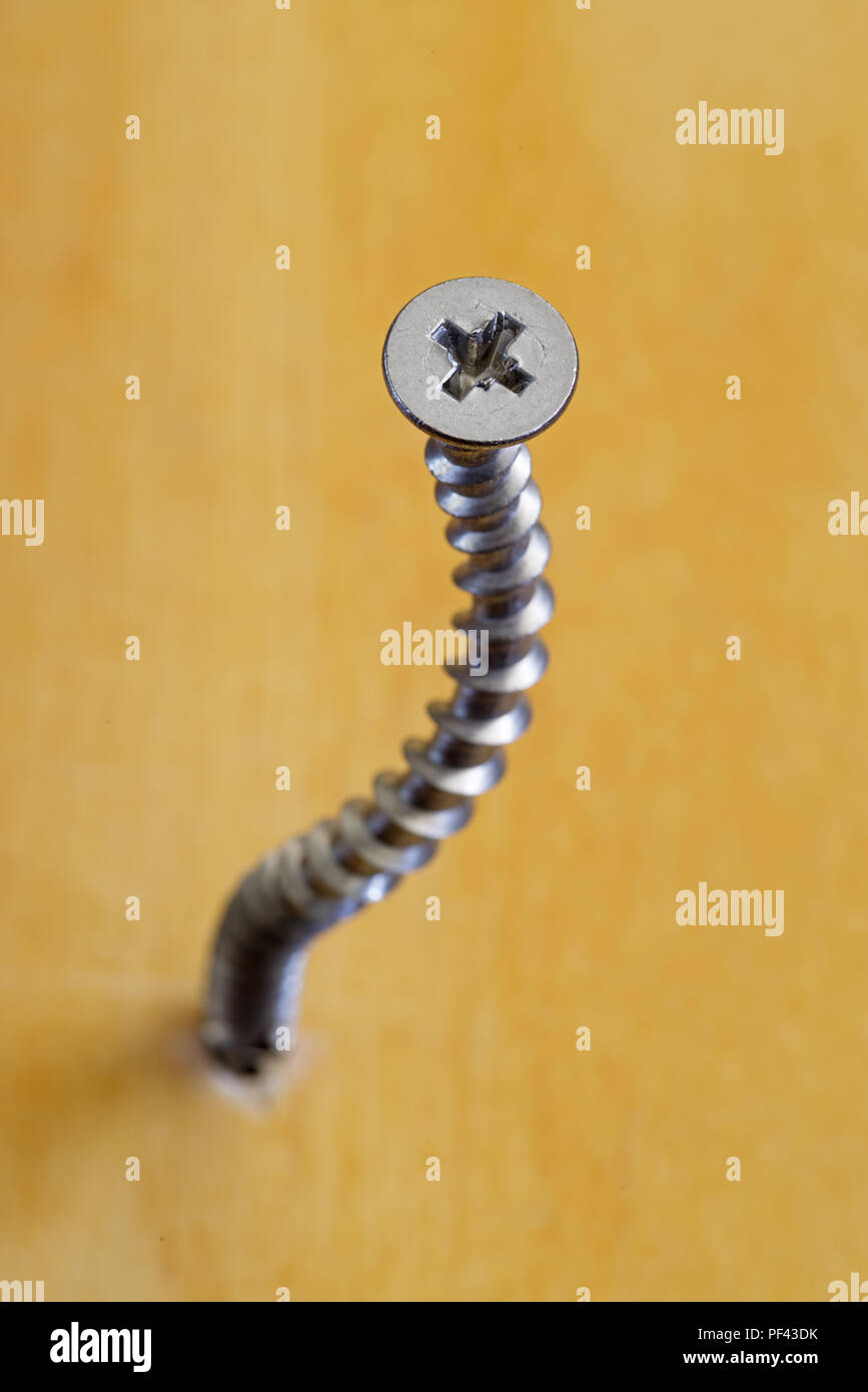 twisted phillips head screw going into wood Stock Photo