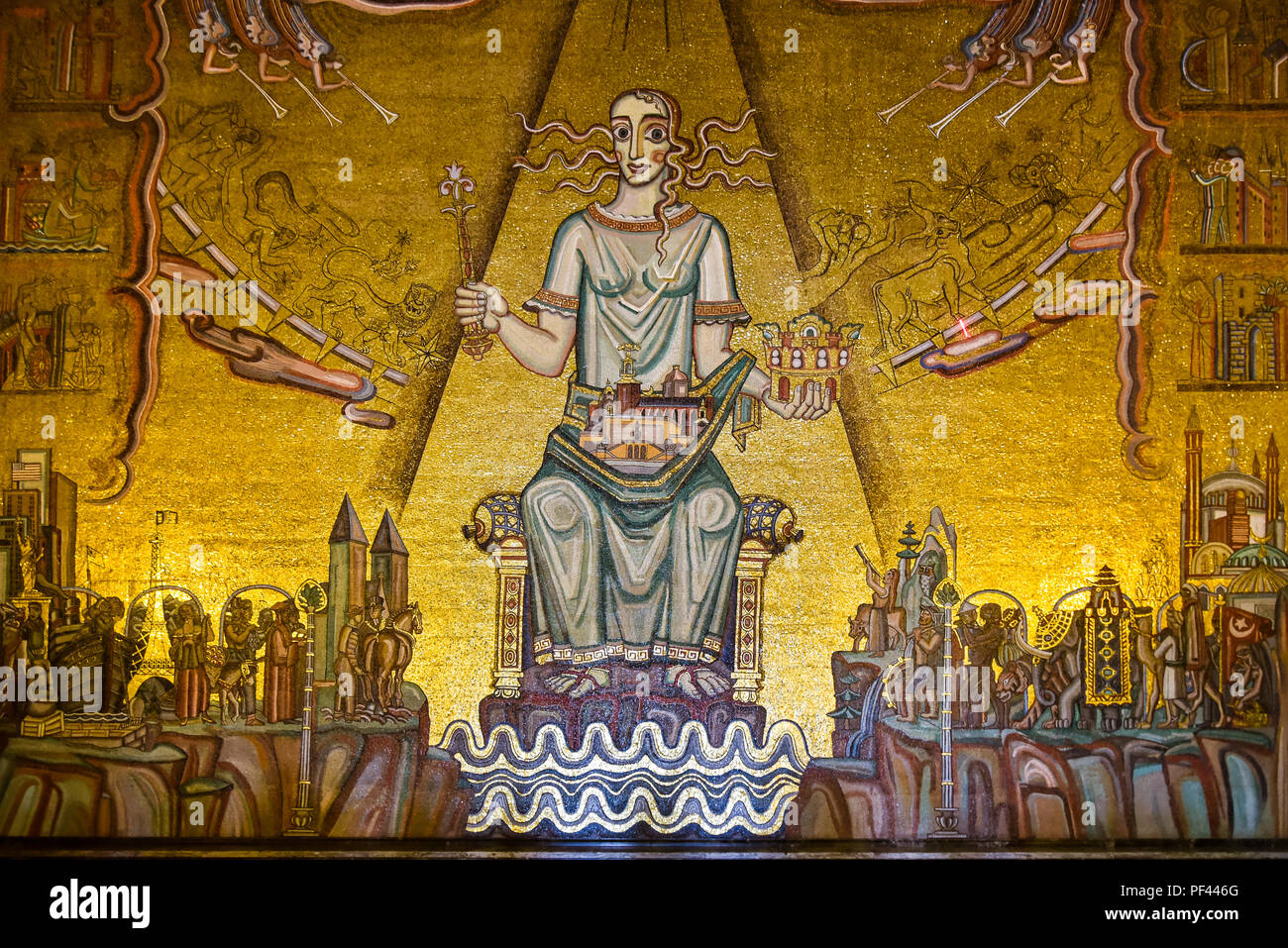 Northern wall of the Golden Hall of Stockholm City Hall, which depicts the Queen of Lake Mälaren. Hall is venue for Nobel ball. Stock Photo