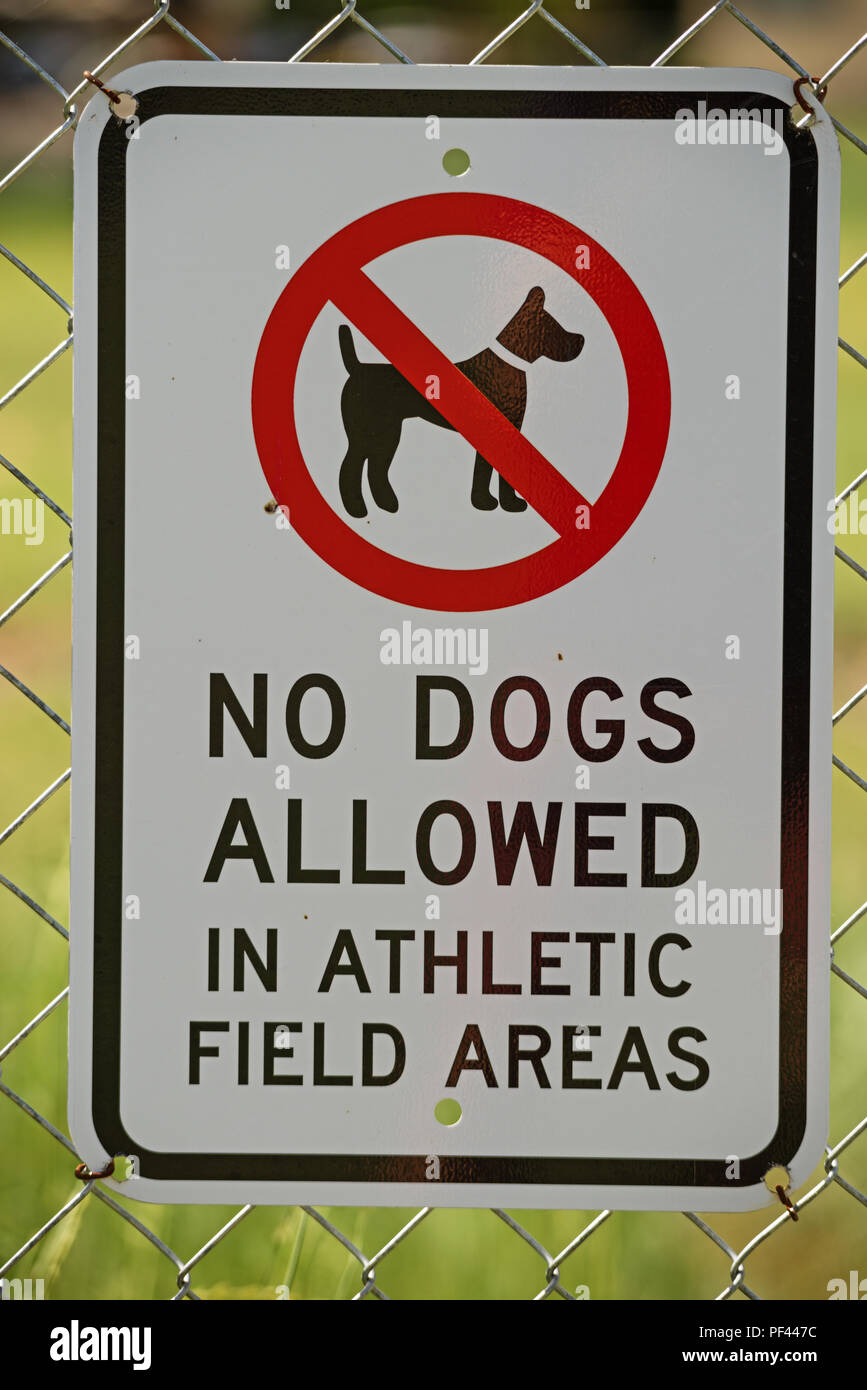 no dogs allowed in athletic field areas sign on a chain link fence Stock Photo
