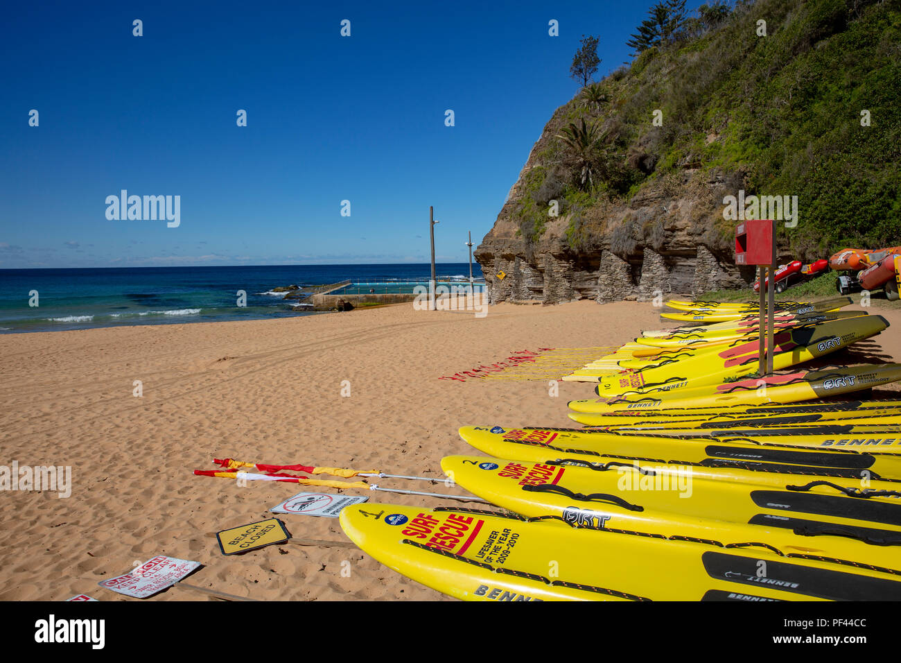 Surf rescue teams surfboards on Bilgola Beach on Sydney northern