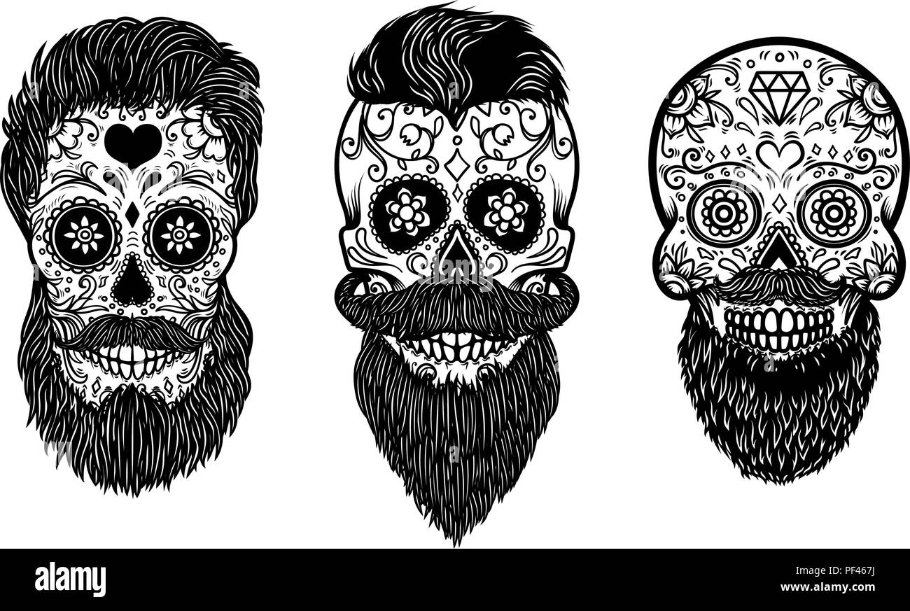 Set of bearded mexican sugar skulls with pattern. DAY OF THE DEAD. Design element for poster, greeting card, banner, t shirt, flyer, emblem. Vector il Stock Vector