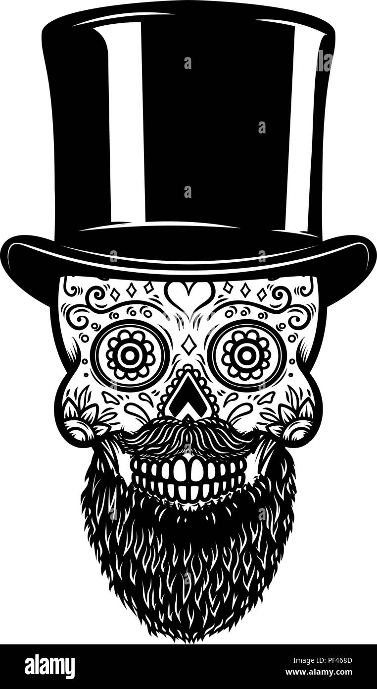Bearded mexican sugar skull in vintage hat. DAY OF THE DEAD. Design element for poster, greeting card, banner, t shirt, flyer, emblem. Vector illustra Stock Vector
