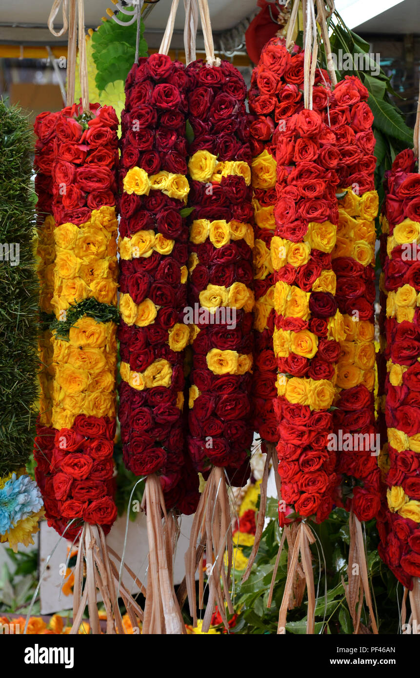 Flower garlands and basket of flower used for hinduism religion in