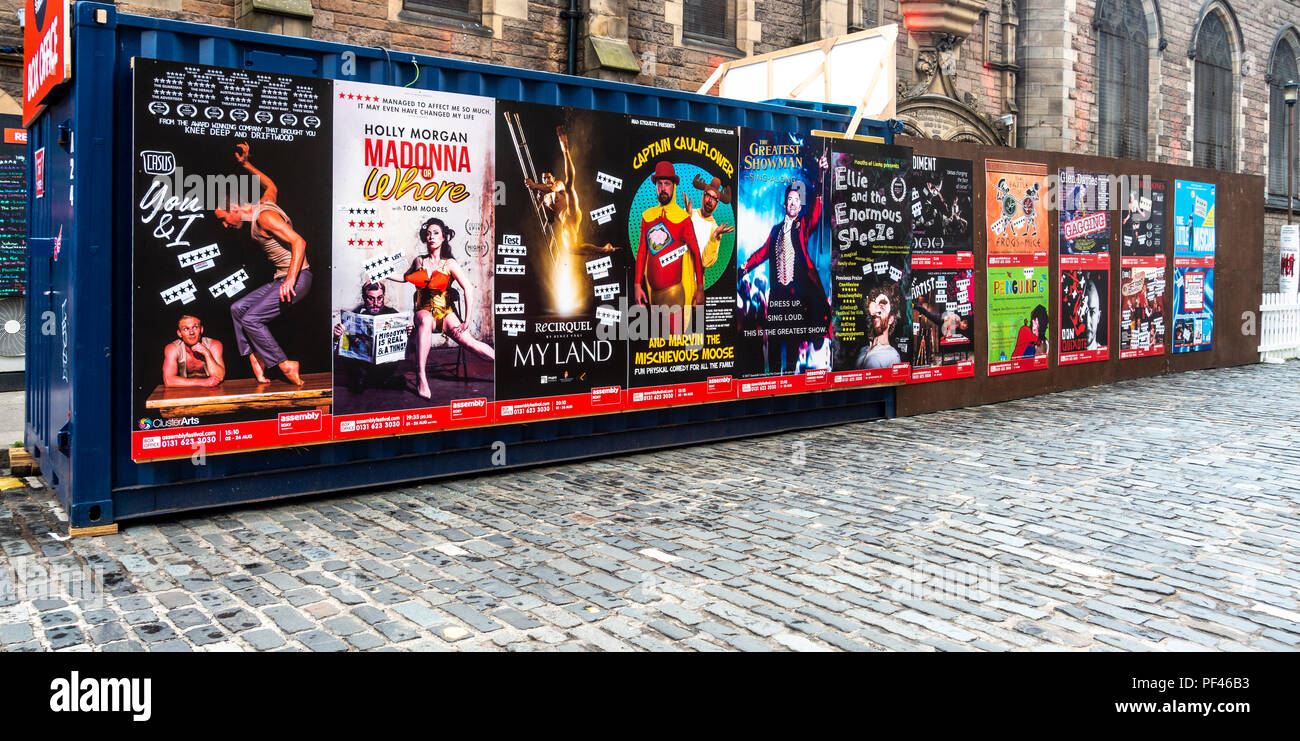 Temporary pop-up hoardings with large posters advertising Edinburgh Fringe shows; Hill Square, Edinburgh City Centre, Stock Photo