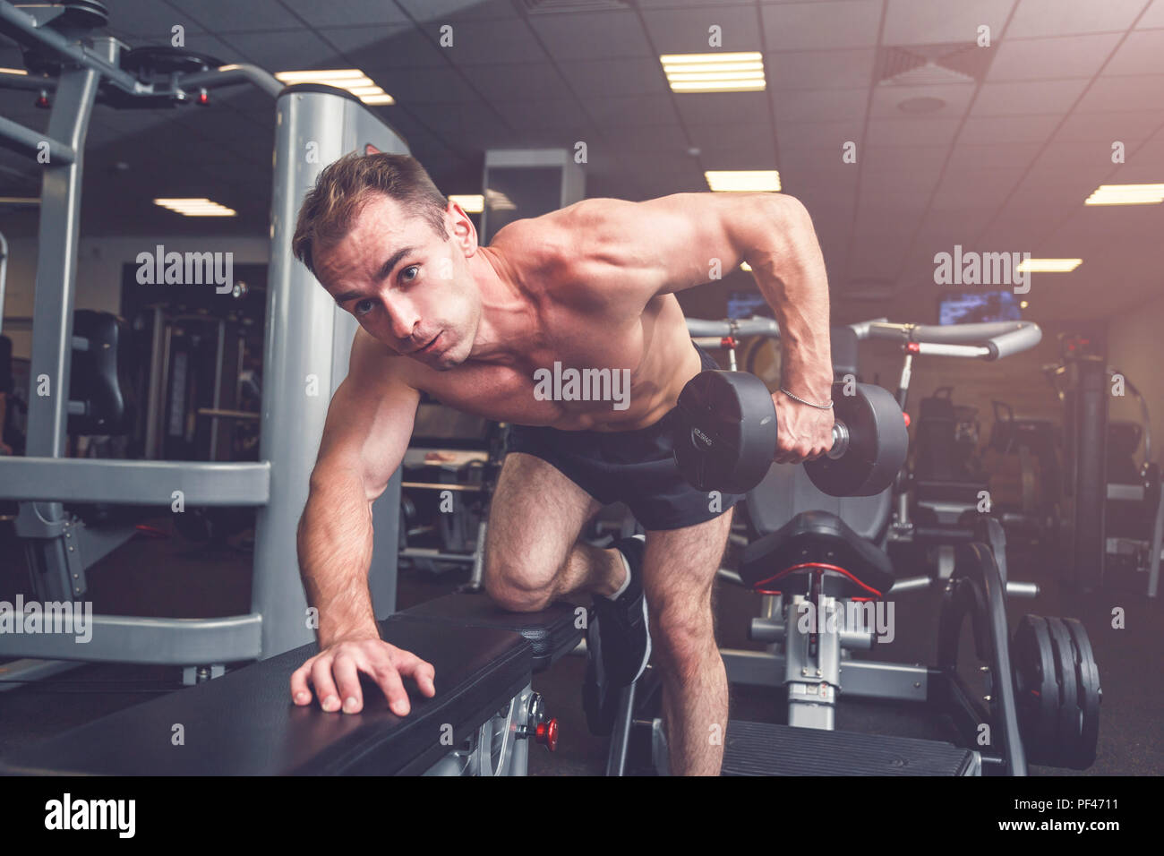 Sportsman doing dumbbell rows on bench at gym. Stock Photo