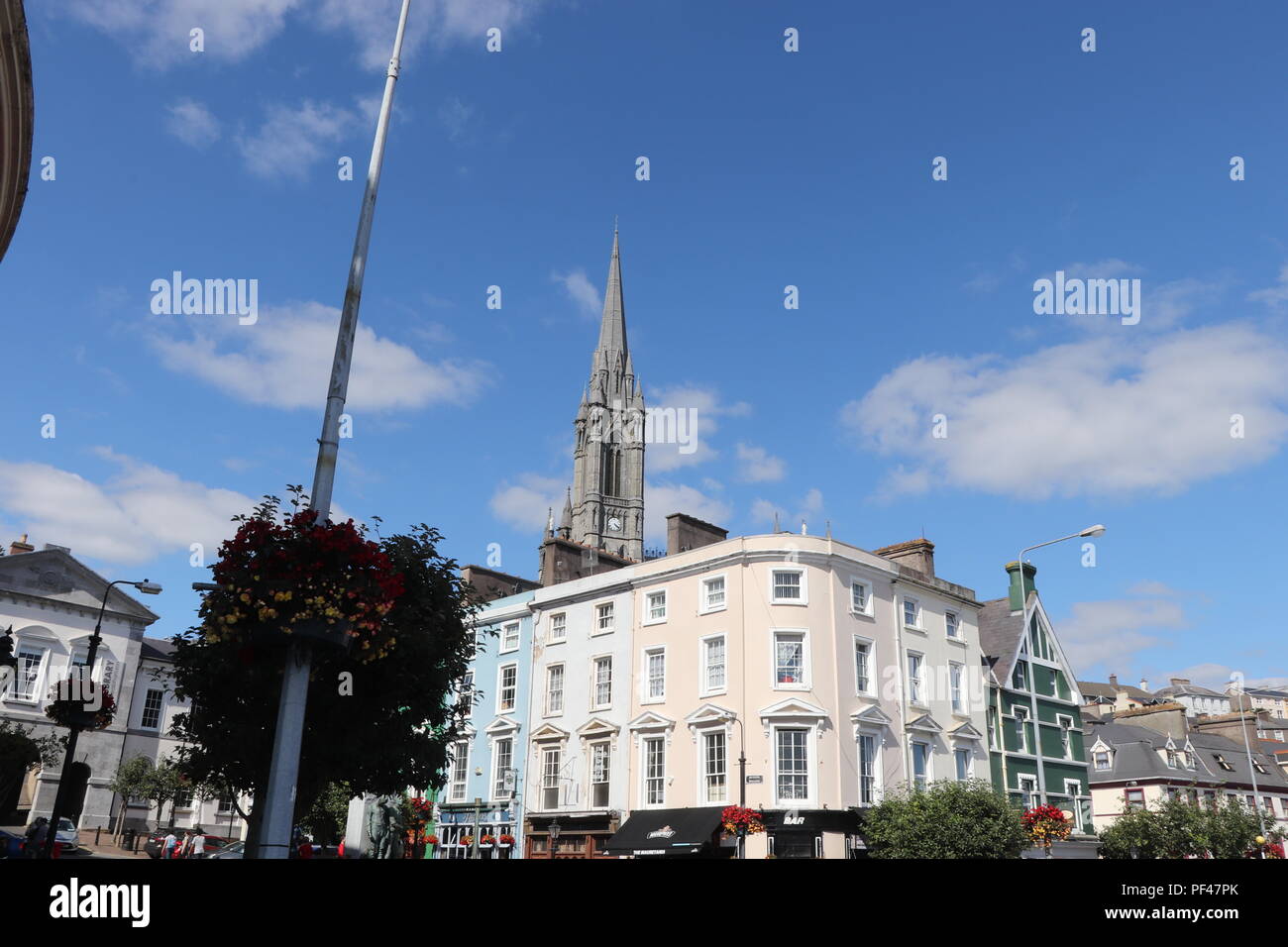 The lovely little town of Cobh, from the main square, with the magnificent centuries old Cathedral as a focal point. Stock Photo