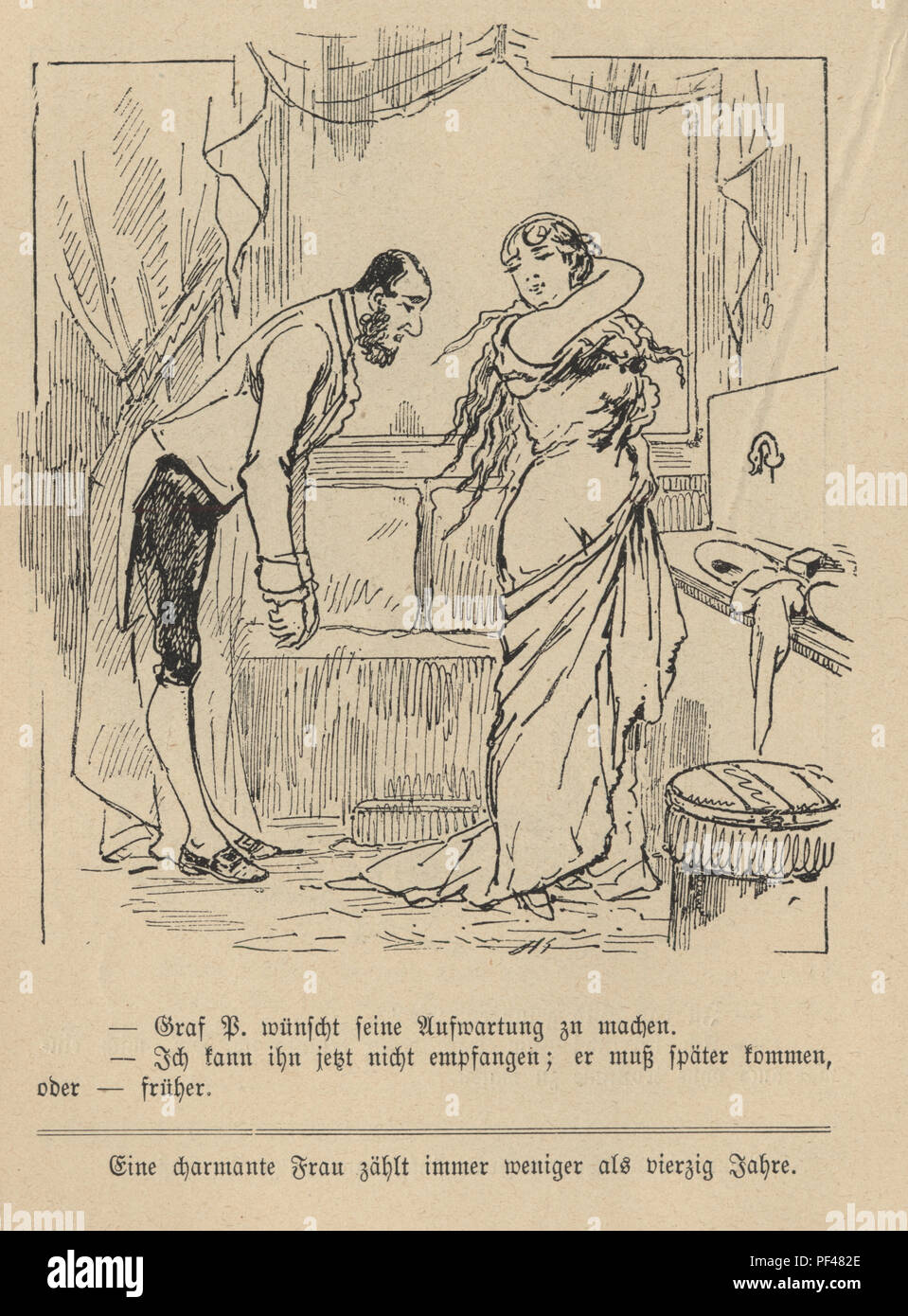 Vintage engraving of a Cartoon of a butler helping a woman wash her back, 1880s, German Stock Photo