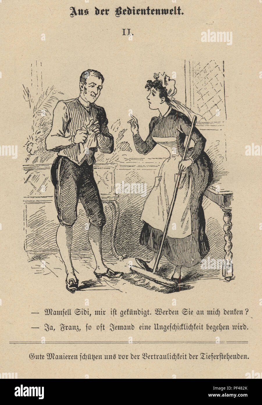 Vintage engraving of Cartoon of servants gossiping about their masters, 1880s, German Stock Photo
