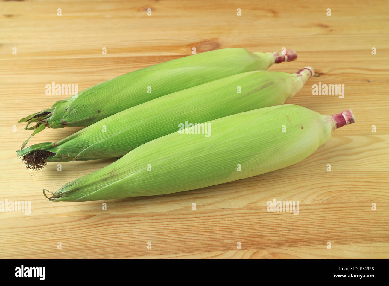 Three fresh purple corns with bright green husks and silks isolated on wooden background Stock Photo