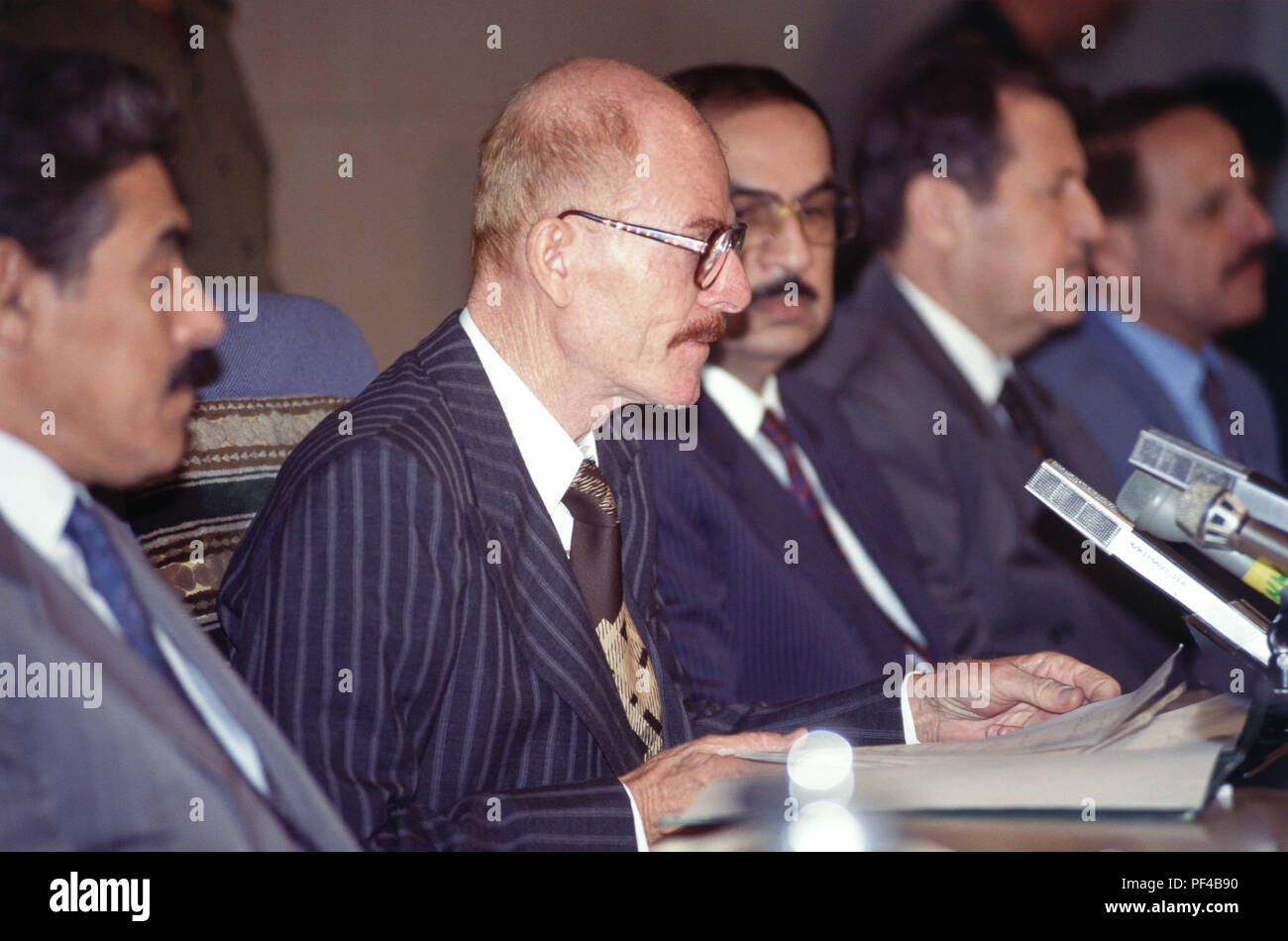 Baghdad, Iraq - 16 October 1995 - Izzat Ibrahim al-Douri, Iraqi statesman and Vice Chairman of the Iraqi Revolutionary Command Council and head of the elections committee for the Presidential Referendum on 15 Ocotober 1995, announces the results to the press, where President Saddam Hussein won 99.96% of the vote.    The only question on the paper ballot of the referendum was 'Do you approve of President Saddam Hussein being President of the Republic? Iraqi's find it harder to maintain a decent standard of living due to the strict UN sanctions imposed during the 1990s because of Iraq's invasion Stock Photo