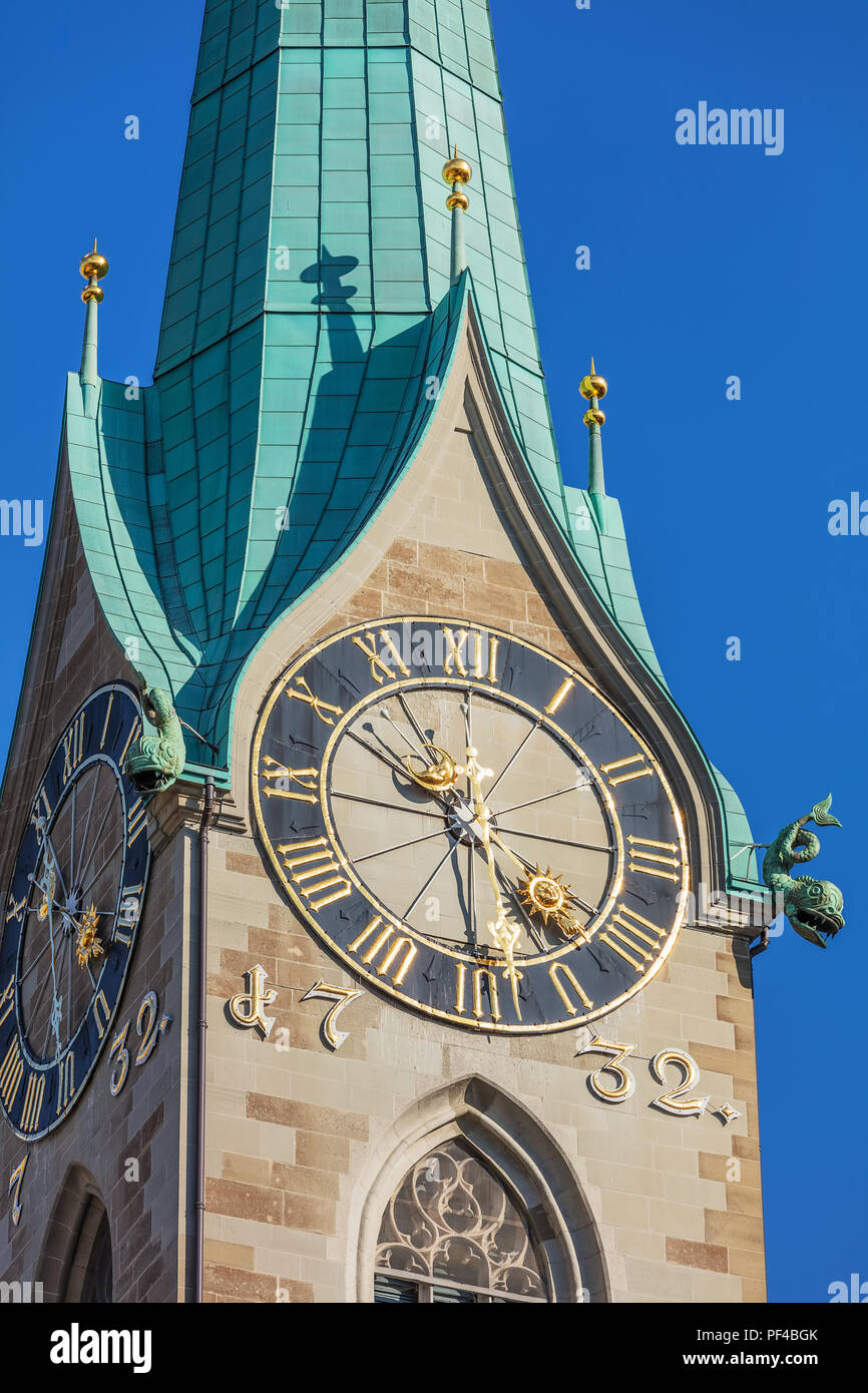 Partial view of the clock tower of the Fraumunster cathedral in Zurich ...