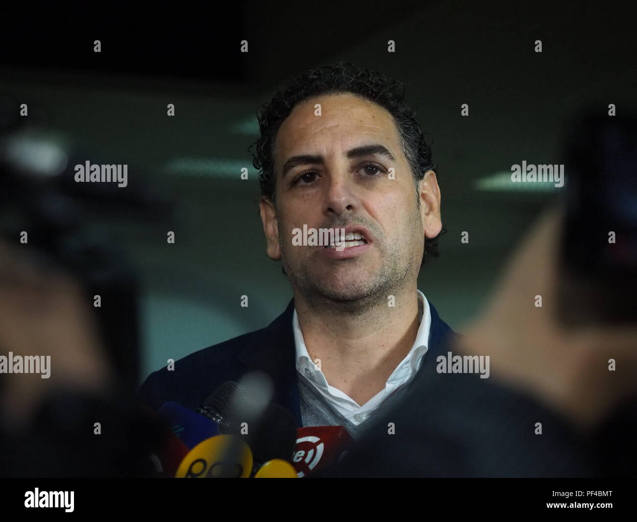 The operatic tenor Juan Diego Florez, giving a press conference and  introducing the Symphony  for Peru Orchestra,  one day before the match against Australia in the Russia 2018 World Cup. Stock Photo