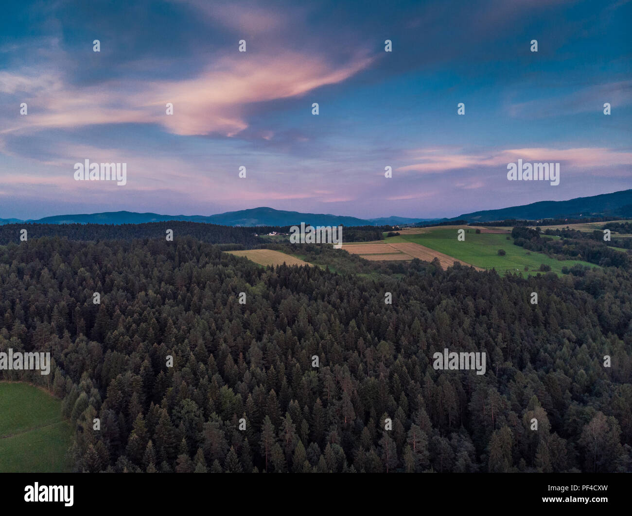 Sunset over woodlan, aerial drone view Stock Photo