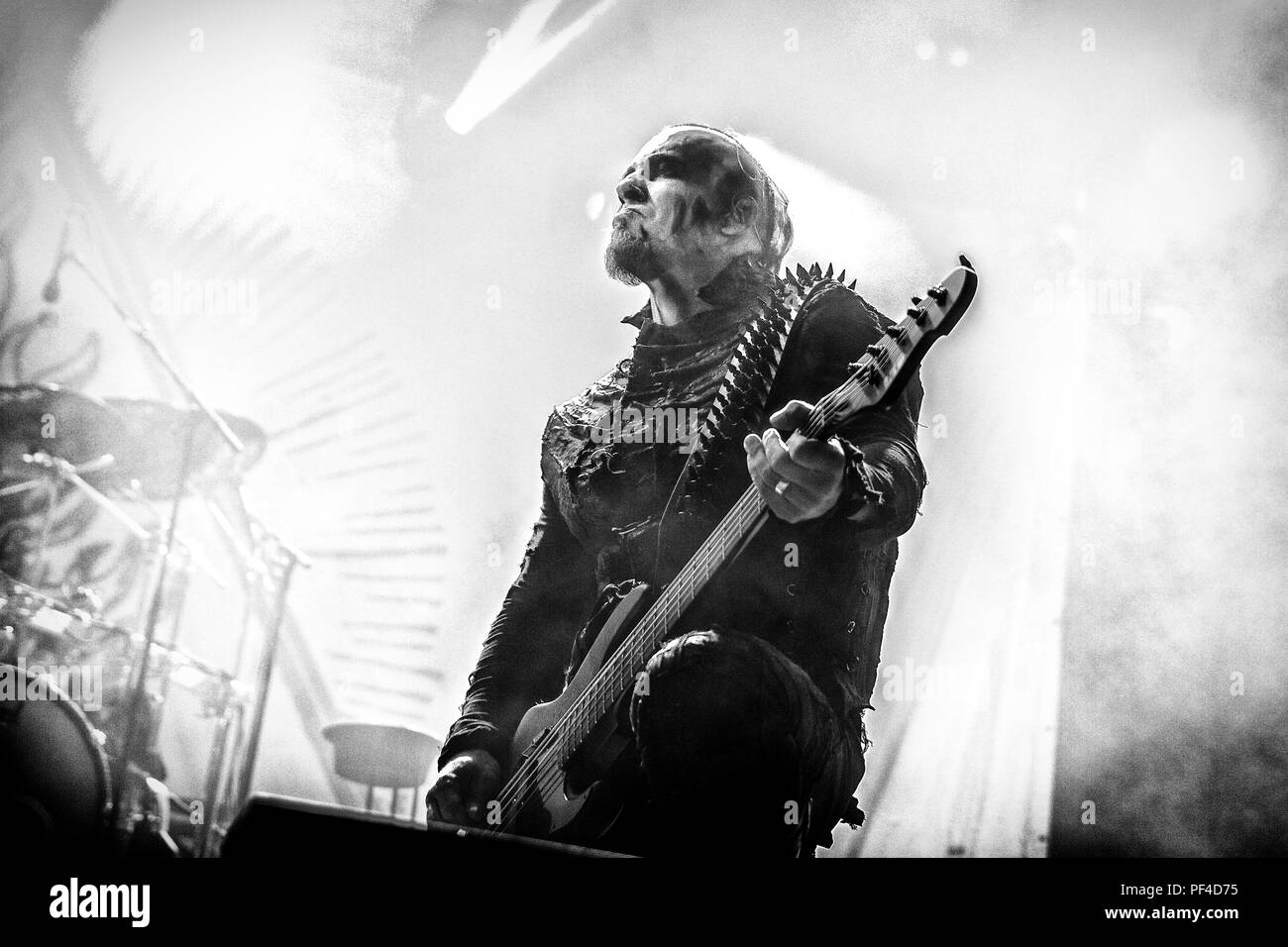 Norway, Oslo - August 09, 2018. The Polish heavy metal band Behemoth performs a live concert during the Norwegian music festival Øyafestivalen 2018 in Oslo. Here bass player Tomasz Wroblewski is seen live on stage. (Photo credit: Gonzales Photo - Terje Dokken). Stock Photo