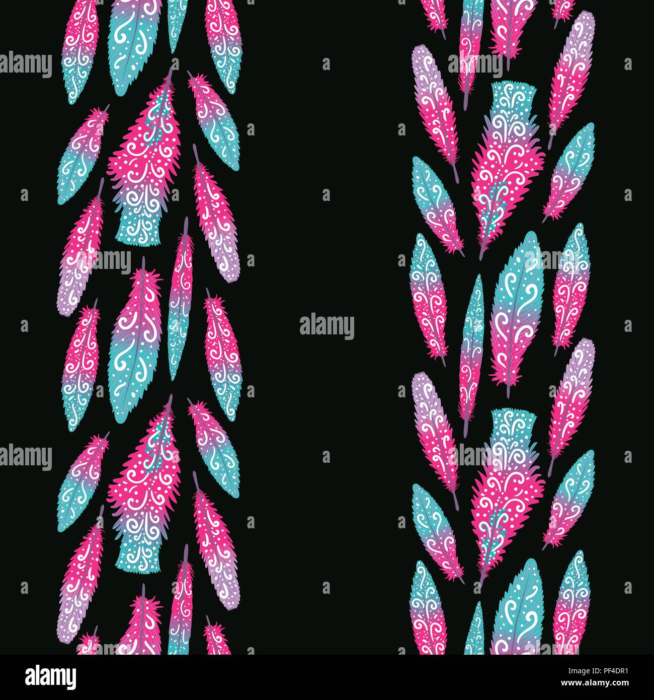 Vector Background with stripes of bright hand drawn feathers isolated on black Stock Vector