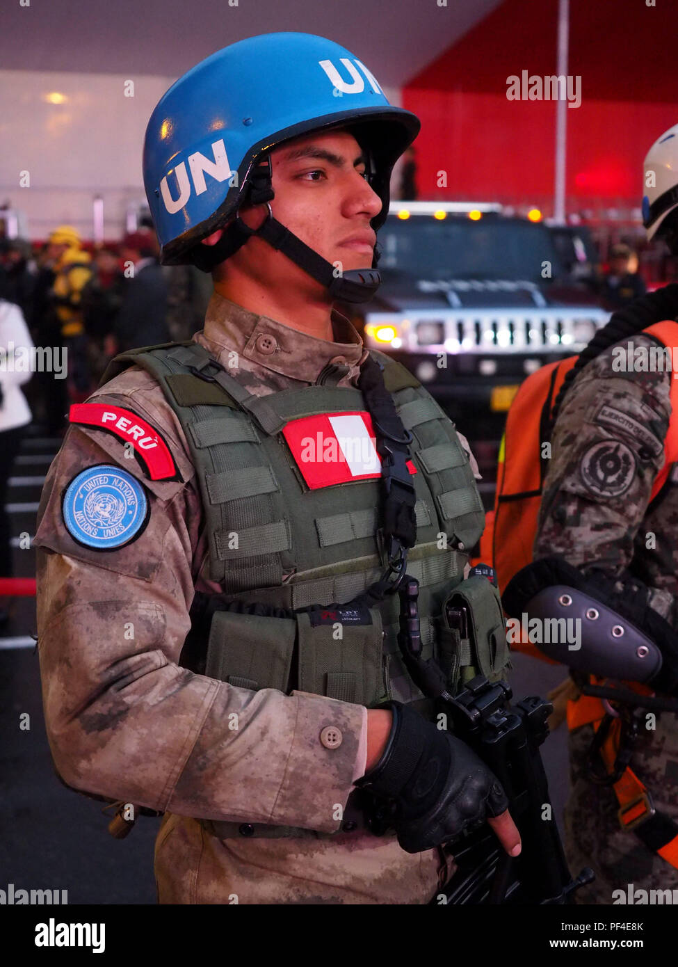 Peruvian United Nations soldier at the traditional Military parade for the 197th anniversary of Peruvian Independence Day Stock Photo