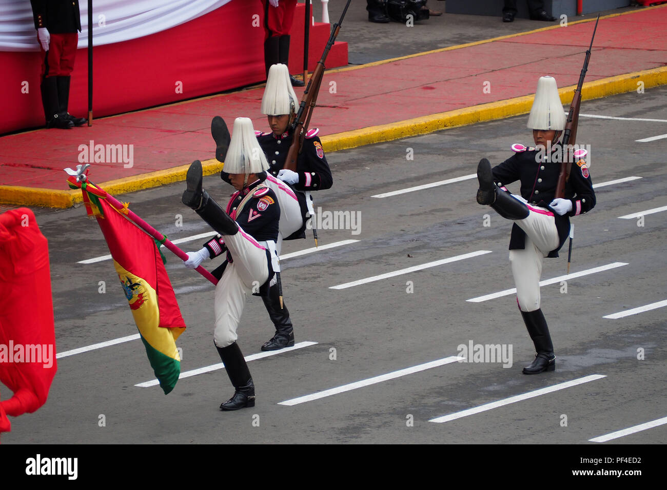 Detachment of the Bolivian army marching on the traditional military parade for the 197th anniversary of Peruvian Independence Day Stock Photo