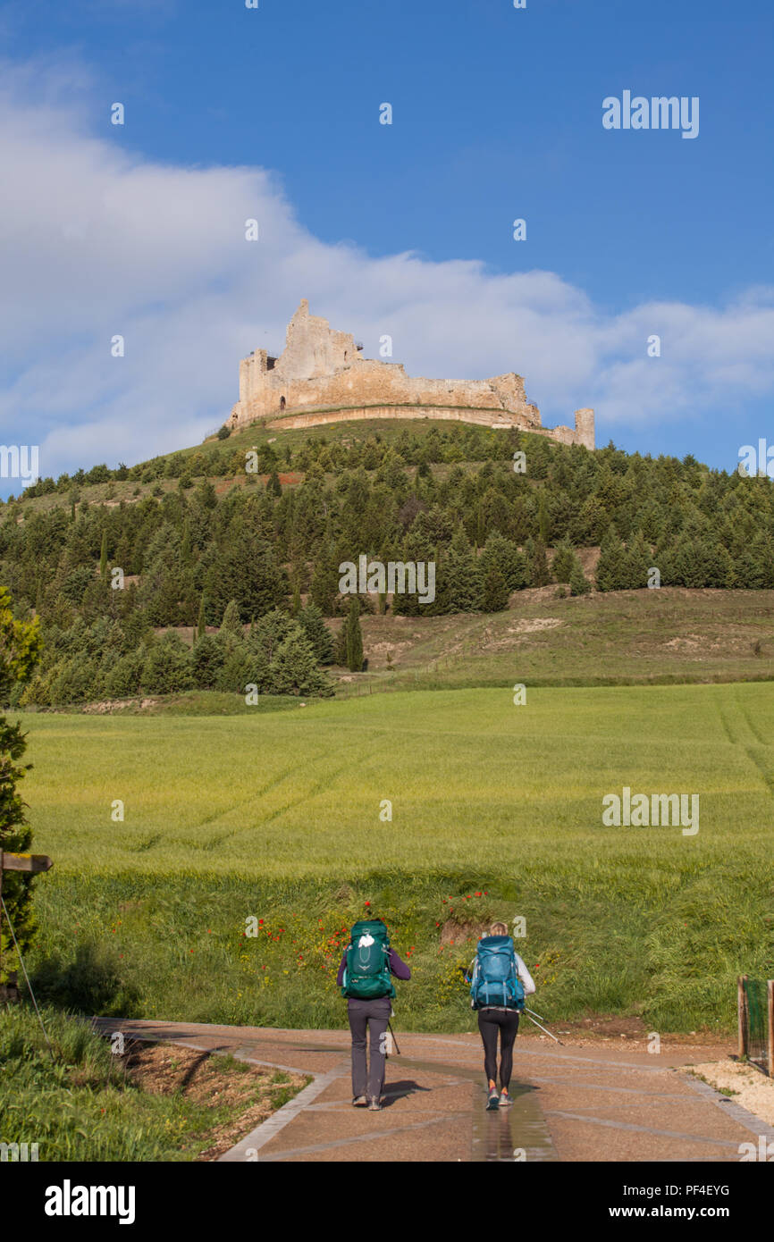 Pilgrims men and women approaching the Spanish town of Castrojeriz with its Templar Castle while walking the Camino de Santiago pilgrimage route Spain Stock Photo