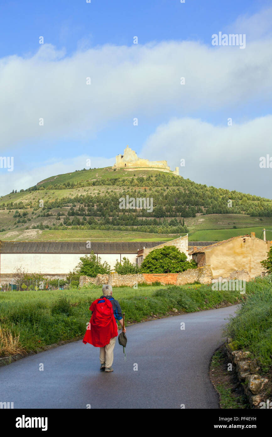 Pilgrims man approaching  the Spanish town of Castrojeriz with its Templar Castle while walking the Camino de Santiago pilgrimage route Spain Stock Photo