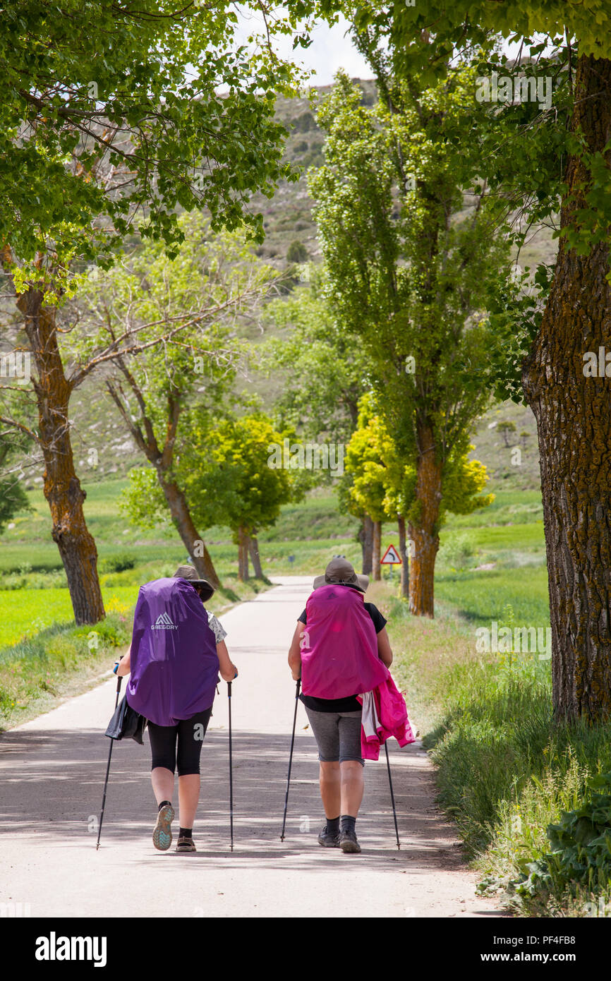 Two pilgrims walking into the town of Castrojeriz while walking the Spanish Camino de Santiago the way of St James pilgrimage route Spain Stock Photo