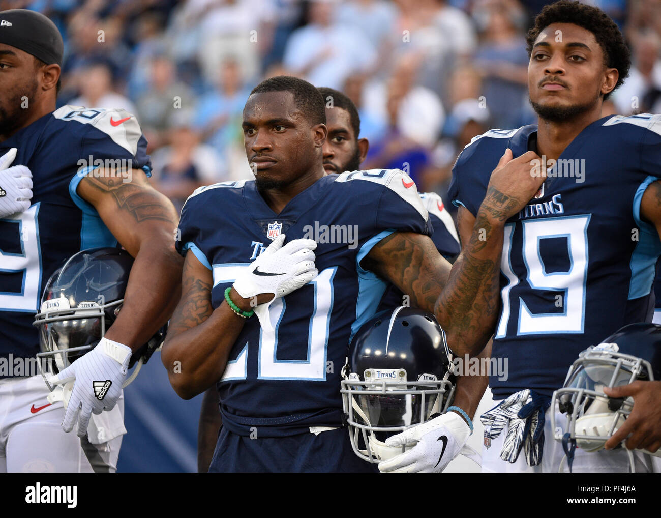 Nashville, USA. 18 August 2018. Tennessee Titans stand during the National Anthem during the first period between the Tampa Bay Buccaneers and the Tennessee Titans and Nissan Stadium . (Mandatory Photo Credit: Steve Roberts/CSM) Credit: Cal Sport Media/Alamy Live News Stock Photo